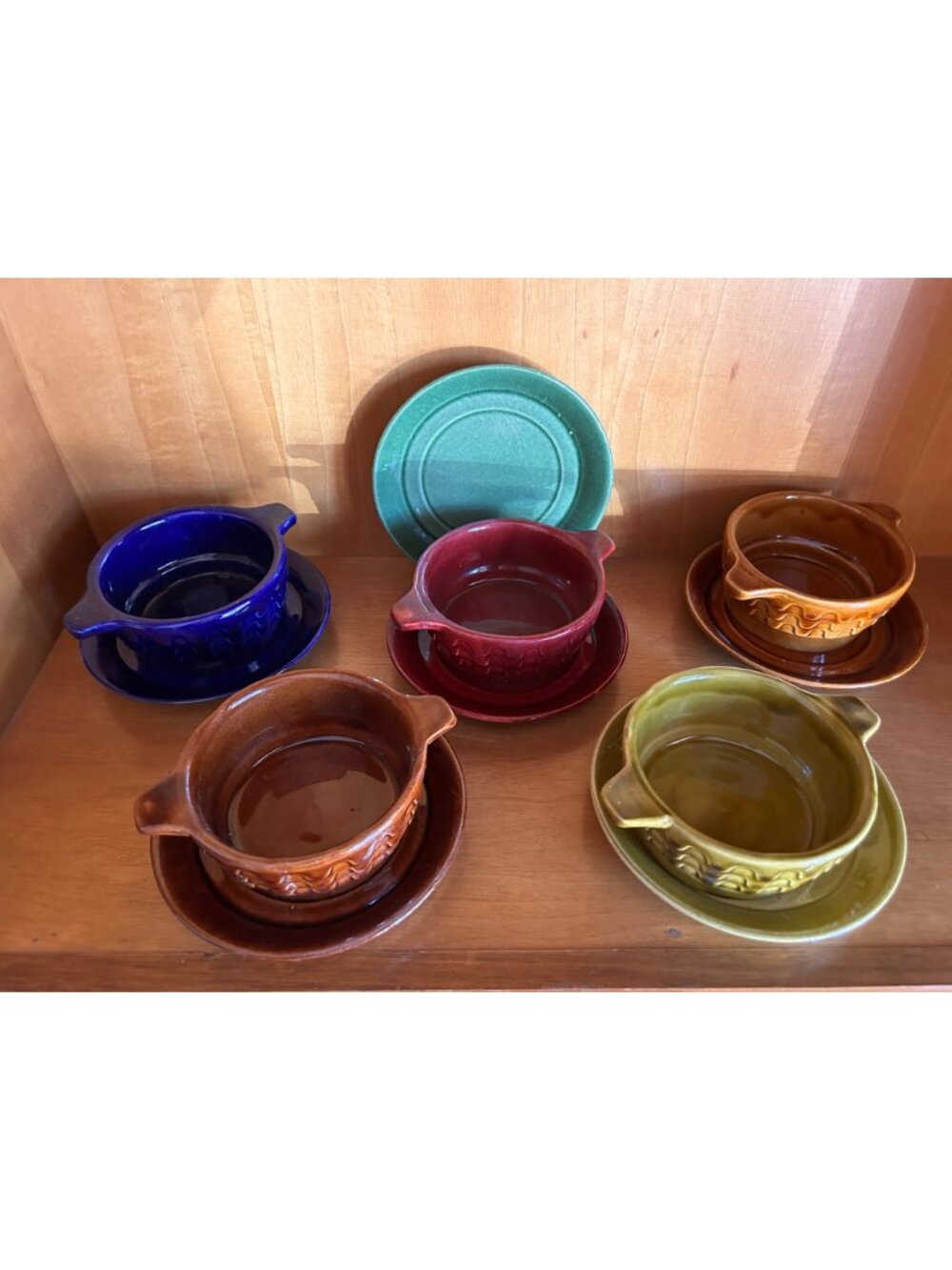 Mid Century German Pottery Ramekins Bowls Under Plate Multicolor Set of 5